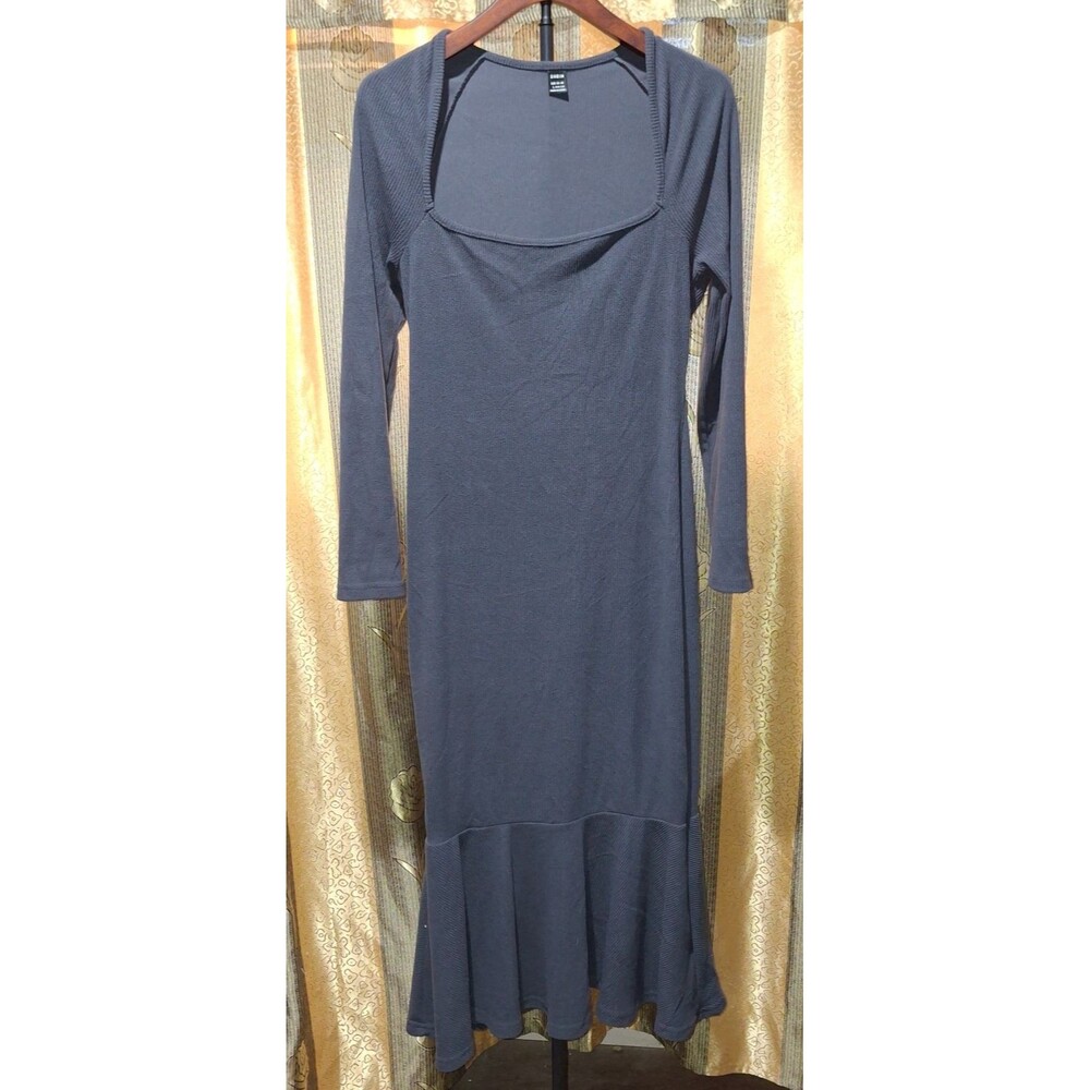 SHEIN Large Blue Ribbed Knit Square Neck Mermaid Flounce Hem Midi Dress L